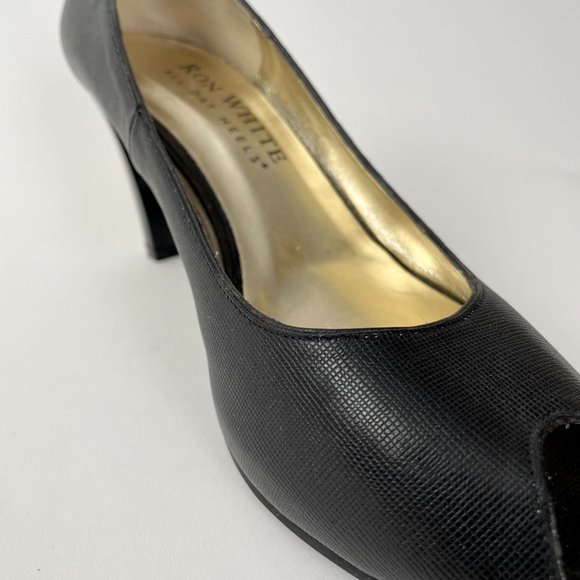 Ron White All Day Heels Black Leather Peeptoe Peep Toe Pumps, Size 39 (8.5) - Picture 7 of 10